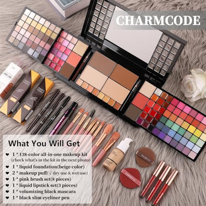 CHARMCODE Full Makeup Kit, Makeup Sets for Women Full Kit, All in One Make Up Gift Set for Girls & Women with Eyeshadow,Liquid Lipstick,Foundation,Mascara,Blush,Eyeliner,Contour,Brushes and More - color: Ultimate Full Makeup Kit