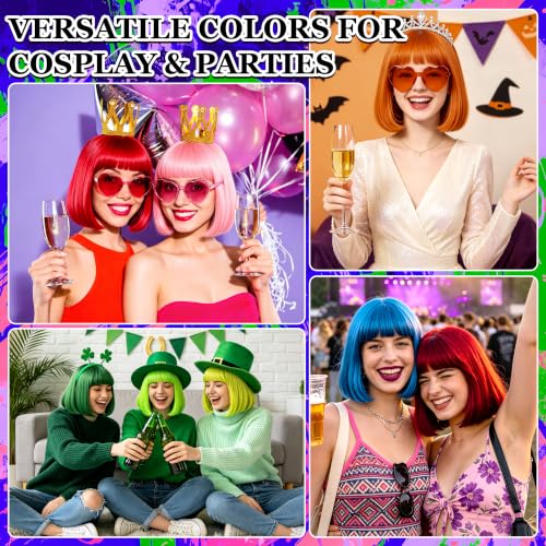 Short Bob Straight Hair Wigs with Bangs, Synthetic Fiber Colorful Hair, Heart-shaped Sunglasses for Women (Black) - color: Black