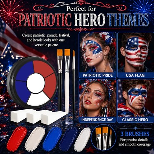 BOBISUKA Red White Blue Cream Face & Body Paint Palette Kit with 3 Brushes 3 Sponges, Highly Pigmented Easy to Blend Long Lasting Makeup for Patriotic Pride, 4th of July, USA Flag, Independence Day - color: 08 4th of July