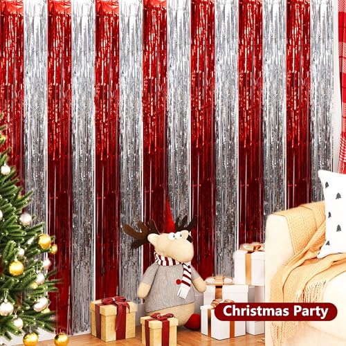 BEISHIDA Red Silver Door Streamers Backdrop Foil Fringe Tinsel Party Streamers Curtains Photo Backdrop - 2Pcs for Valentine's Day Birthday Graduation Christmas Party Decoations - color: 05-red silver
