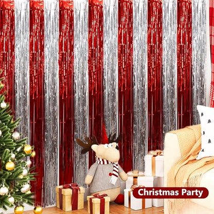 BEISHIDA Red Silver Door Streamers Backdrop Foil Fringe Tinsel Party Streamers Curtains Photo Backdrop - 2Pcs for Valentine's Day Birthday Graduation Christmas Party Decoations - color: 05-red silver
