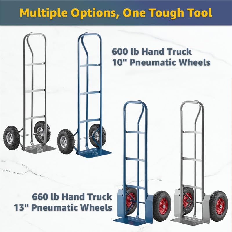 Heavy-Duty Commercial 600 lb Hand Truck Dolly with 10" Pneumatic Wheels, Steel Cart with Handle and Toe Plate, Ideal for Warehouse, Moving, Delivery, Blue - color: Blue, size: 600lb.
