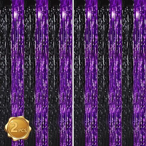 BEISHIDA Black Purple Door Streamers Backdrop Foil Fringe Tinsel Party Streamers Curtains Photo Backdrop - 2Pcs for Birthday Graduation Halloween Party Decoations - color: 05-black purple