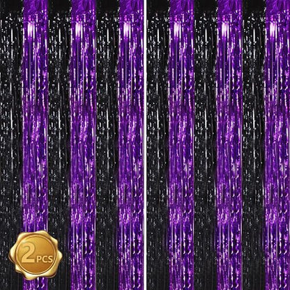 BEISHIDA Black Purple Door Streamers Backdrop Foil Fringe Tinsel Party Streamers Curtains Photo Backdrop - 2Pcs for Birthday Graduation Halloween Party Decoations - color: 05-black purple