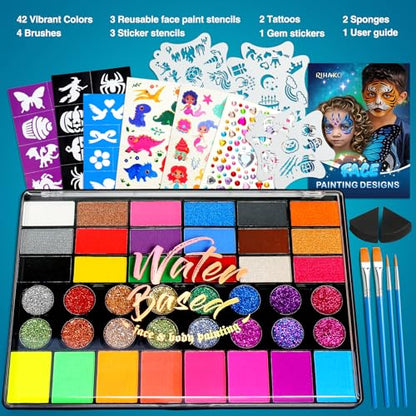 42 Color Face Painting Kit for Party – Non-Toxic Water-Activated Face & Body Paint Palette with Stencils, Brushes & Gems, Long-Lasting, Easy Wash, Ideal for Carnival, Halloween, Cosplay & Festivals