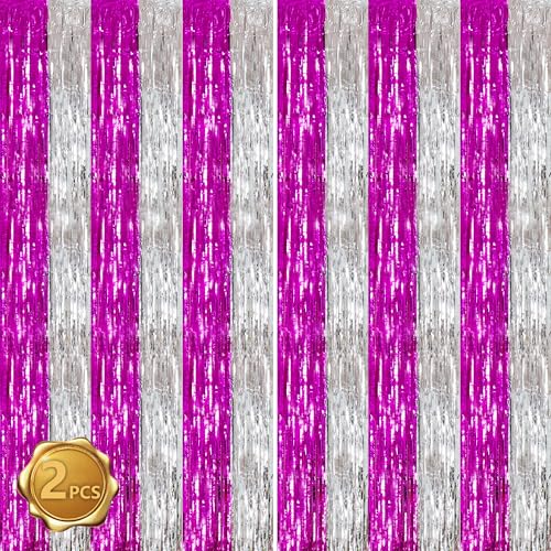 BEISHIDA Hot Pink Silver Door Streamers Backdrop Foil Fringe Tinsel Party Streamers Curtains Photo Backdrop - 2Pcs for Girl Birthday Valentines Graduation Bachelorette Party Decoations - color: 05-hot pink silver