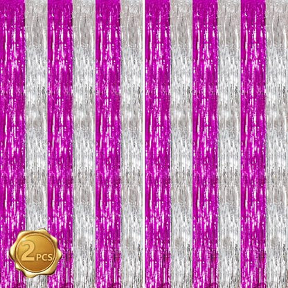 BEISHIDA Hot Pink Silver Door Streamers Backdrop Foil Fringe Tinsel Party Streamers Curtains Photo Backdrop - 2Pcs for Girl Birthday Valentines Graduation Bachelorette Party Decoations - color: 05-hot pink silver