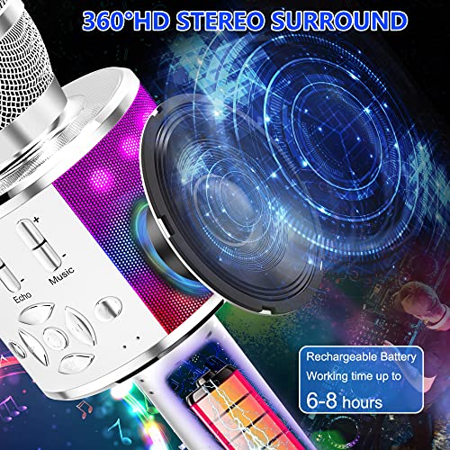 Amazmic Kids Karaoke Microphone Machine Toy Bluetooth Microphone Portable Wireless Karaoke Machine Handheld with LED Lights, Gift for Children Adults Birthday Party, Home KTV(Silver) - color: Silver