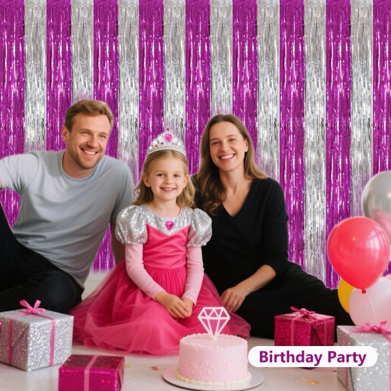 BEISHIDA Hot Pink Silver Door Streamers Backdrop Foil Fringe Tinsel Party Streamers Curtains Photo Backdrop - 2Pcs for Girl Birthday Valentines Graduation Bachelorette Party Decoations - color: 05-hot pink silver