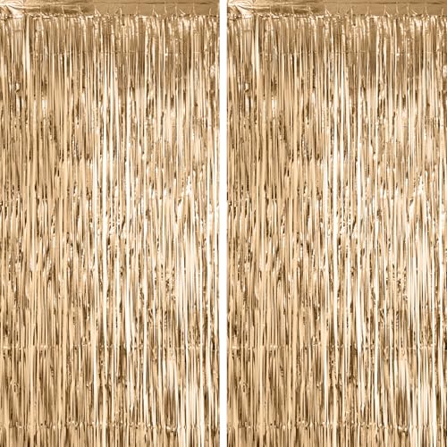 Voircoloria Champagne Foil Fringe Backdrop Curtains,3.3x6.6ft, 2 Pack - color: Champagne