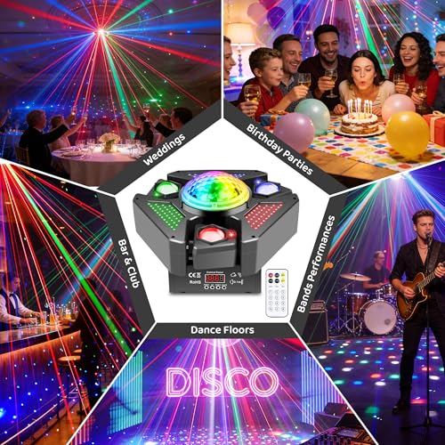 Moving Head DJ Lights with RGB Starlight, Rotating Magic Disco Ball & LED Matrix, 540°/180° DMX512 Stage Lighting, Sound Activated with Remote for Party Wedding KTV Bar Club