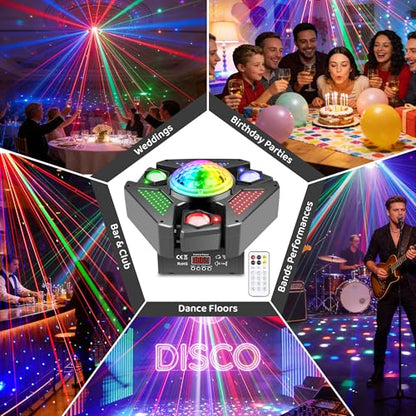 Moving Head DJ Lights with RGB Starlight, Rotating Magic Disco Ball & LED Matrix, 540°/180° DMX512 Stage Lighting, Sound Activated with Remote for Party Wedding KTV Bar Club