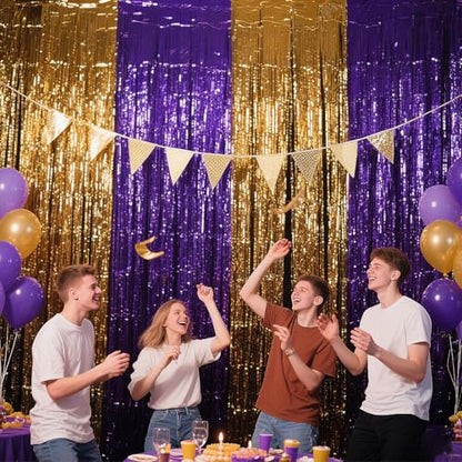 Ishua 2pcs Foil Fringe Curtains Purple and Gold, 3.3x6.6ft Tinsel Streamer Backdrops Foil Fringe Curtains for Birthday, Graduation Party(Gold and Purple) - color: Gold and Purple