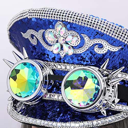 GRACEART Women's Burning Man Sequin Hat Mucis Festival Military Captain Hats Steampunk Caps with Goggles - style: Style-05(with Goggle)
