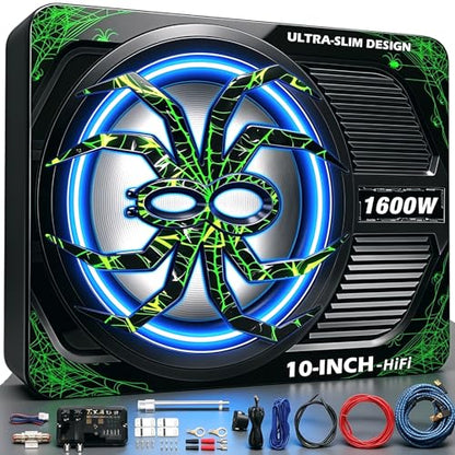 Upgraded 1600W Car Subwoofer, 10" Ultra-Thin Under-Seat Sub with Built-in Amplifier, (LPF/Gain/Bass Boost) LED Ambient Lights, Independent Bass Knob, Distortion-Free Deep Bass（Green） - color: Green ZZA
