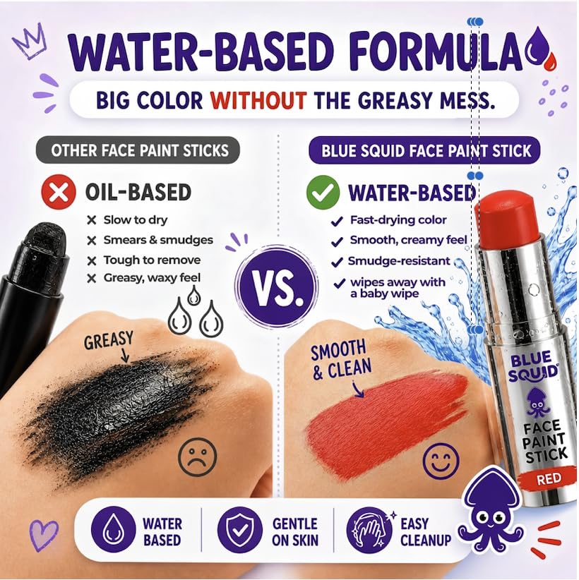 Blue Squid 8 Stick Pack Face Paint Stick - Water based Body Paint for Adults & Kids - Vegan Hypoallergenic Twist-Up Non-Toxic Makeup Stick for Cosplay, & SFX (8 Stick Pack) - color: Multi-Color Stick Pack