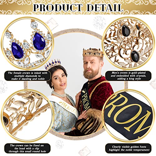 Juexica 4 Pcs Prom King Queen Crowns Gold, M, Royalblue and White Diamond | Gold Tiaras with AB Diamond Stones, Sashes Included, Royalty Crowns for Homecoming Birthday Halloween Wedding Party Costume - color: Royalblue and White Diamond
