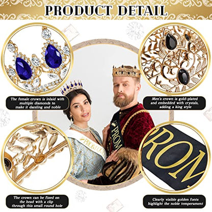 Juexica 4 Pcs Prom King Queen Crowns Gold, M, Royalblue and White Diamond | Gold Tiaras with AB Diamond Stones, Sashes Included, Royalty Crowns for Homecoming Birthday Halloween Wedding Party Costume - color: Royalblue and White Diamond