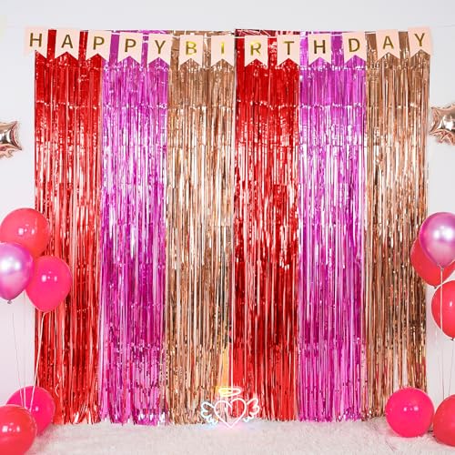 Valentines Foil Fringe Curtains, 2 Packs of 3.3x6.6 ft Valentine's Day | Valentines Foil Fringe Curtains, 2 Packs of 3.3x6.6 ft Valentine's Day Photo Booth Props, Red Pink and Champagne Gold Foil - color: Red Pink and Gold
