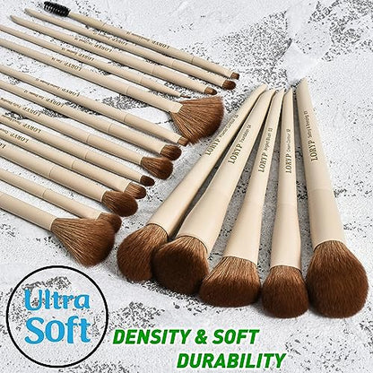 LORYP 18 Piece Makeup Brushes Set Labeled Face and Eye Brush Set Complete with Foundation, Concealer, Contour, Blending, Blush, Eyeshadow Brushes with Travel Holder Case - color: B-Khaki