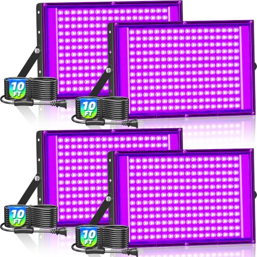 TigQiang 200W 4 Pack LED Black Light, IP66 Blacklight Flood Light Halloween | Waterproof, 10ft Cord Plug Switch for Neon Glow in the Dark Party, Fluorescent Poster, Body Paint - size: 200W-4Pack