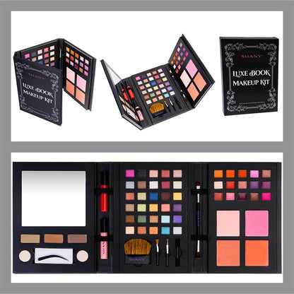 SHANY Luxe Book Makeup Set - All In One Travel Cosmetics Kit with 30 Eyeshadows, 15 Lip Colors, 5 Brushes, 4 Pressed Blushes, 3 Brow Colors, and Mirror - color: LUXEBOOK