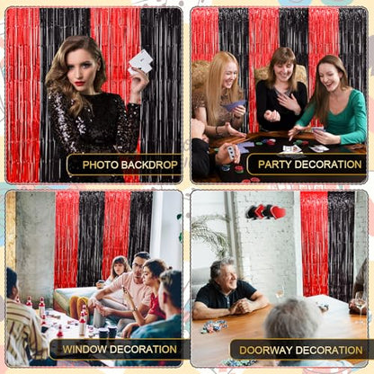 LOLStar Casino Party Decorations, 3 Pack Red and Black Birthday Party Supplies 3.3 x 6.6ft Tinsel Foil Fringe Curtains Photo Booth Props Backdrop Streamers, Decor for Vegas Poker Party