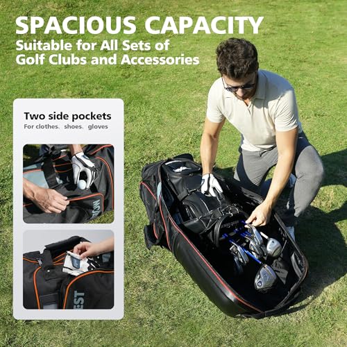 Golf Travel Bags for Airlines with Wheels, Hard Case Top and 1680D Heavy Duty Oxford Protect Golf Clubs, Lightweight and Easy to Maneuver - color: Black & Orange