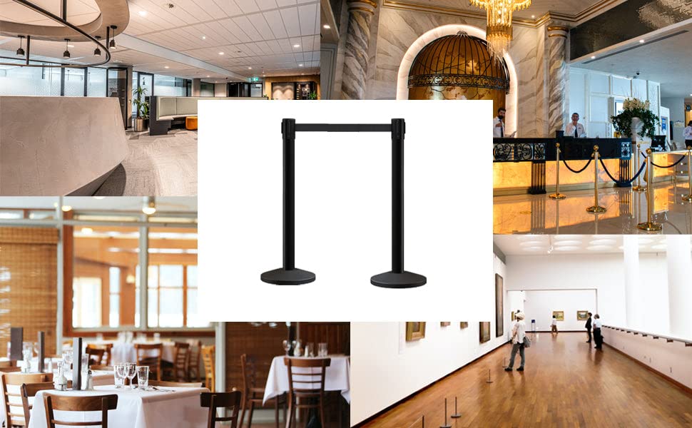 Montour Line M650 Set of 2 Retractable Belt Barrier Stanchion, Sloped Base, Polished Stainless Steel Post (14 ft Black and Yellow Diagonal Belt) - color: Black and yellow diagonal, size: Polished Stainless Steel