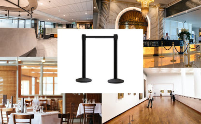 Montour Line M650 Set of 2 Retractable Belt Barrier Stanchion, Sloped Base, Satin Stainless Steel Post (14 ft Black and Yellow Diagonal Belt) - color: Black and yellow diagonal, size: Satin Stainless Steel