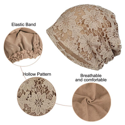 Crochet Slouchy Beanie Hat Handmade Knit Slouchy Floral Skull Hat Cutout Hats for Women Lightweight Knitted - color: F-khaki