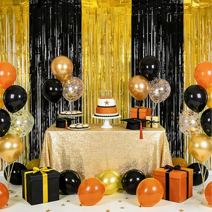 Ishua 2pcs Foil Fringe Curtains Black and Gold, 3.3x6.6ft Tinsel Streamer Backdrops Foil Fringe Curtains for Birthday, Graduation Party (Gold and Black) - color: Gold and Black