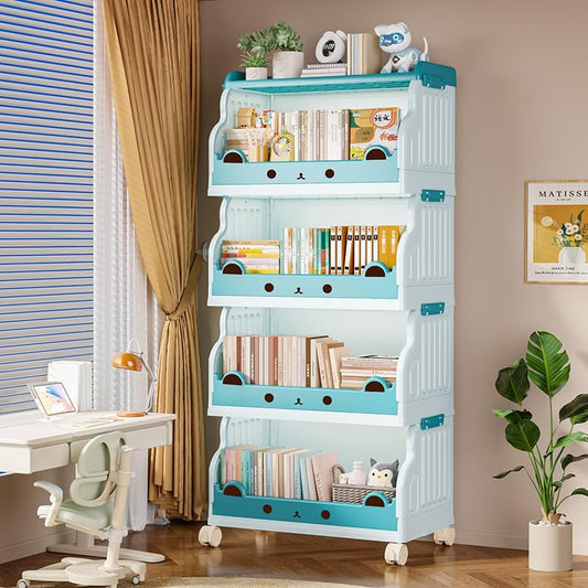 Foldable 4-Tier Rolling Book Cart, Collapsible Bookshelf Storage - color: Blue, size: 4 Tier