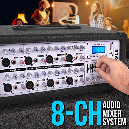 PyleUsa 8 Channel Bluetooth Stage Powered Mixer, 800 Watt Pro Audio Sound Mixer, MP3 USB SD Readers, Aux Input, Digital LCD Display, Built in Cooling Fan