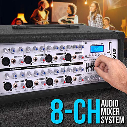 PyleUsa 8 Channel Bluetooth Stage Powered Mixer, 800 Watt Pro Audio Sound Mixer, MP3 USB SD Readers, Aux Input, Digital LCD Display, Built in Cooling Fan