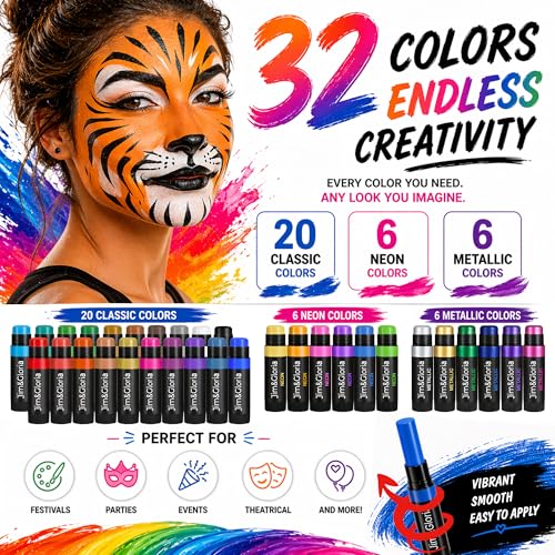 Jim&Gloria Face Paint Kit Bulk 32 Professional Face Painting Kit for Party, Metallic, Neon, Classic Makeup, Facepaint Crayons, Washable Body Paint Adults, Teenage Girls and Boys Christmas Gifts Crafts