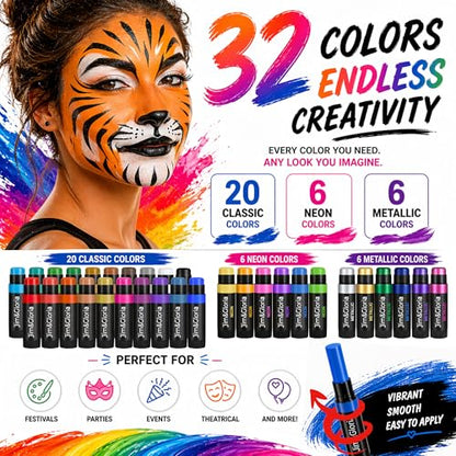 Jim&Gloria Face Paint Kit Bulk 32 Professional Face Painting Kit for Party, Metallic, Neon, Classic Makeup, Facepaint Crayons, Washable Body Paint Adults, Teenage Girls and Boys Christmas Gifts Crafts