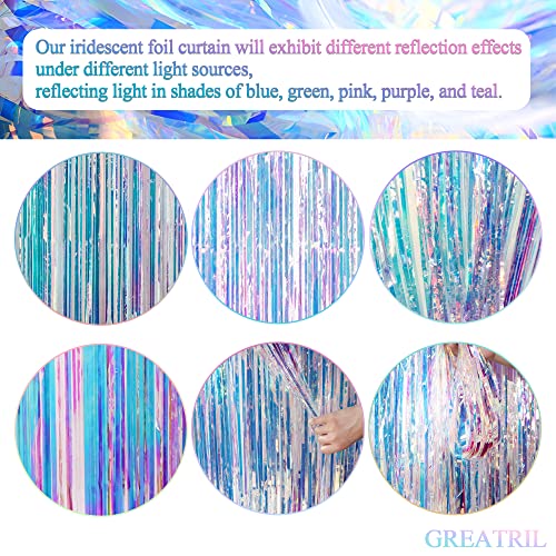 Iridescent Party Streamers Backdrop - GREATRIL Neon Transparent Holographic Tinsel Foil Fringe Curtain for Mermaid/Frozen/Sea/Euphoria/ERAS Party Theme Decorations 3.2ft x 6.5ft 2 PCS | GREATRIL Neon Transparent Holographic Tinsel Foil Fringe Curtain for