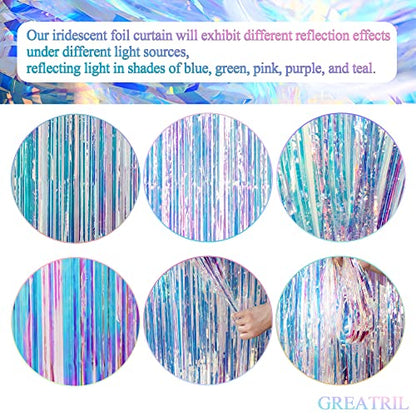 Iridescent Party Streamers Backdrop - GREATRIL Neon Transparent Holographic Tinsel Foil Fringe Curtain for Mermaid/Frozen/Sea/Euphoria/ERAS Party Theme Decorations 3.2ft x 6.5ft 2 PCS | GREATRIL Neon Transparent Holographic Tinsel Foil Fringe Curtain for