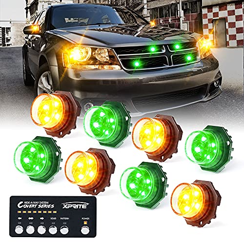 Xprite Amber Green LED Hideaway Strobe Lights Kit, 20 Flash Modes w/Control Panel Headlights Taillights Fog Light Interior Mounting for Construction Towing Snow Plow Pickup Work Trucks Cars 8 PCS - color: Amber Green, size: 8 pcs