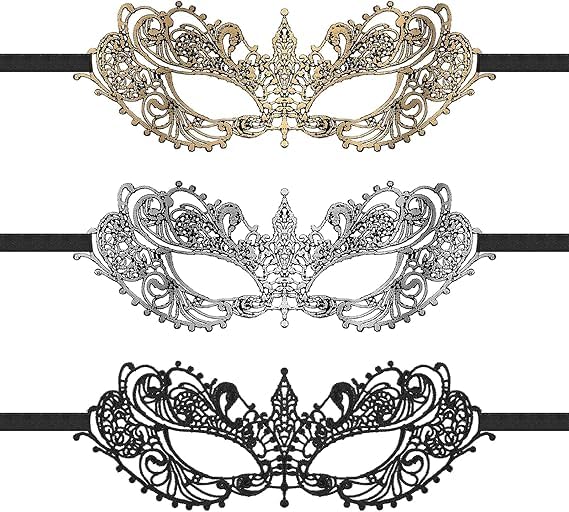 3 Pcs Masquerade Mask for Women Fun Lace Masks | Mascarade Headpiece, Disguise, For Costume Parties, Mardi Gras - color: Black, Gold, Silver