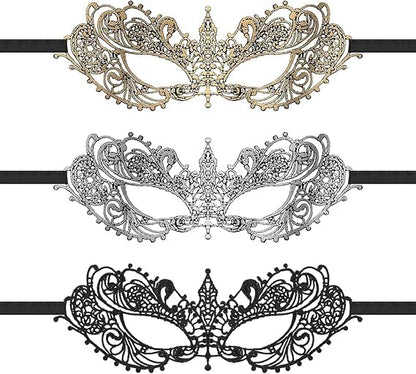 3 Pcs Masquerade Mask for Women Fun Lace Masks | Mascarade Headpiece, Disguise, For Costume Parties, Mardi Gras - color: Black, Gold, Silver