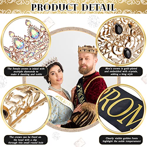 4 Pieces Prom King and Queen Crowns Set with Sashes Valentine's Day Carnival Birthday Wedding Costume Accessories Gold King Crown for Men Women Prom(M,AB Diamond) - color: AB Diamond