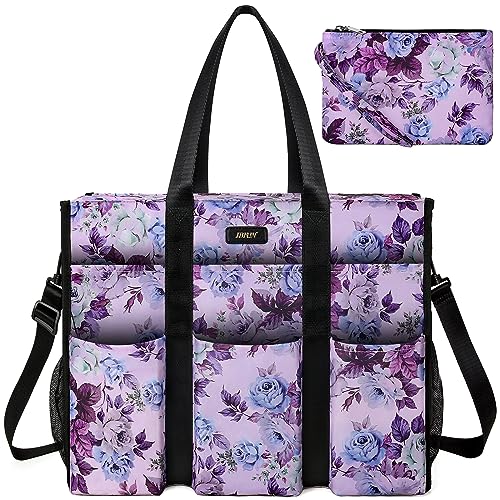 IBFUN Utility Tote Bag with 24 Pockets, Large Teacher Travel Tote for Women - color: B8-l-pruple Flower, size: Large