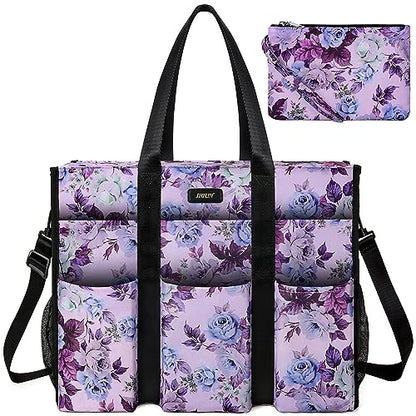 IBFUN Utility Tote Bag with 24 Pockets, Large Teacher Travel Tote for Women - color: B8-l-pruple Flower, size: Large