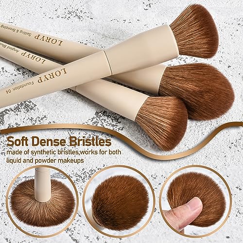 LORYP 18 Piece Makeup Brushes Set Labeled Face and Eye Brush Set Complete with Foundation, Concealer, Contour, Blending, Blush, Eyeshadow Brushes with Travel Holder Case - color: B-Khaki