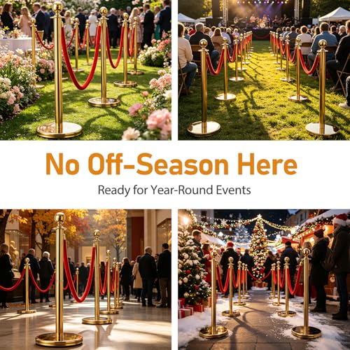 BeBecome Stanchions and Velvet Ropes, Gold Stanchions with 5 ft Red Velvet Rope, 2 Pack Crowd Control Barriers, Fillable Bases, Red Carpet Poles for Weddings