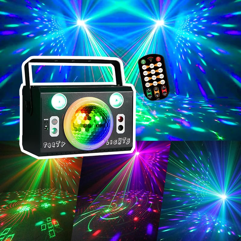 LED Disco Ball Light, Stage Laser Light, 4 Lens Laser Show, 2 Strobe Eyes Effects, Sound Activated, Remote Control, for Home Parties Holiday Christmas Birthday Wedding Karaoke DJ Club Bar Pub, Black