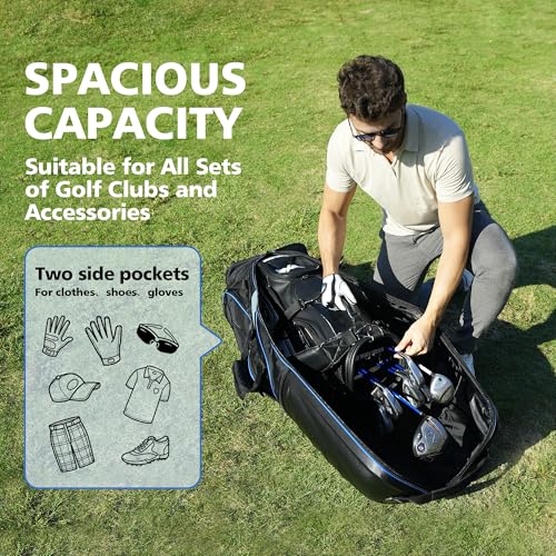 Golf Travel Bags for Airlines with Wheels, Hard Case Top and 1680D Heavy Duty Oxford Protect Golf Clubs, Lightweight and Easy to Maneuver - color: Black & Blue