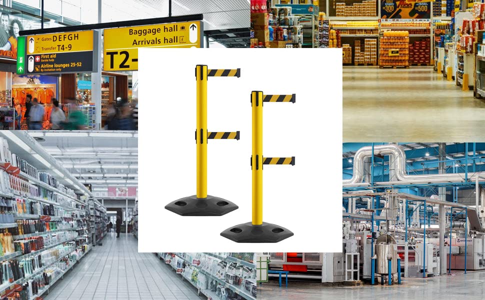 MSR650D Set of 2 Retractable Belt Barrier Stanchion, Heavy-Duty Rubber Base, Yellow Steel Post (14 ft Red with"Caution - DO NOT Enter" White Letters Belt) - color: Red with "CAUTION - DO NOT ENTER" White Letters, size: Yellow Steel